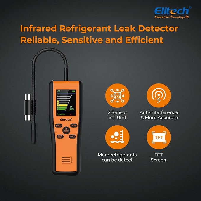 Elitech Refrigerant Leak Detector, Infrared & Heated Diode Sensors in 1 Unit, HVAC Halogen Gas Sniffer, Anti-Interference, IR-200