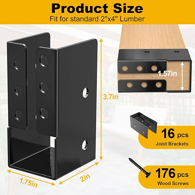 Concealed Joist Hanger (16 Pack),2"x4" Outdoor Concealed-Flange Joist Bracket with Screws, Q235B Steel Powder Coated Concealed Mount Light Joist Hangers for 2"x4" Beam, Swing, Handrail, Fence