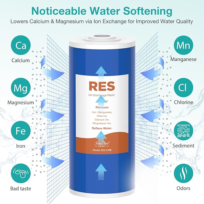 SimPure Whole House Water Filter Cartridges 10" x 4.5" Cation Exchange Resin Water Softening Filter, for DB10P, DB10C, 6 Pack