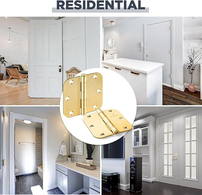 24 PackDoor Hinges Polished Brass 3.5 Inch Interior Hinges 5/8" Radius Brushed Brass Door Hinges