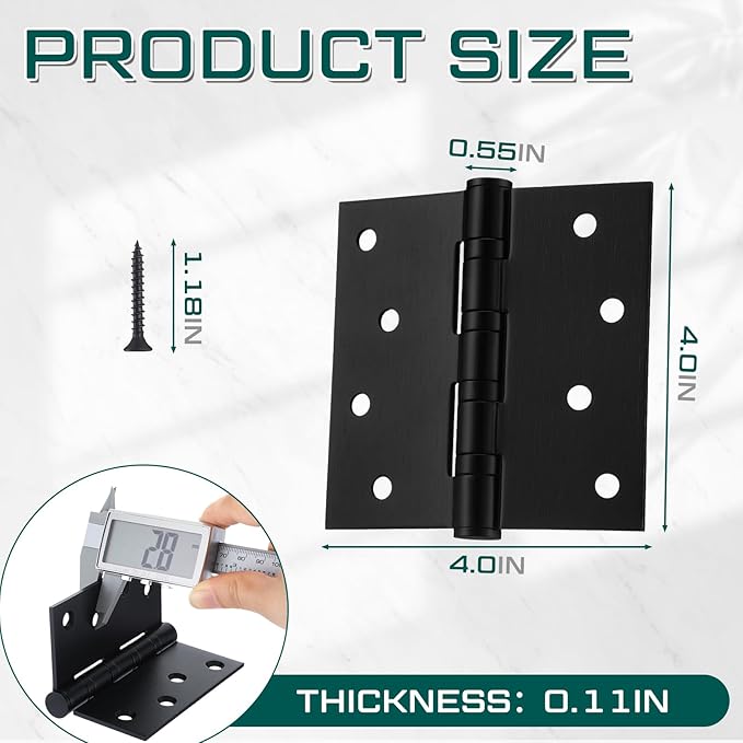 6 Pcs 4'' Ball Bearing Door Hinges Stainless Steel Heavy Duty Hinges 4 x 4 Inch Exterior Door Hinges with Square Corners (Black)