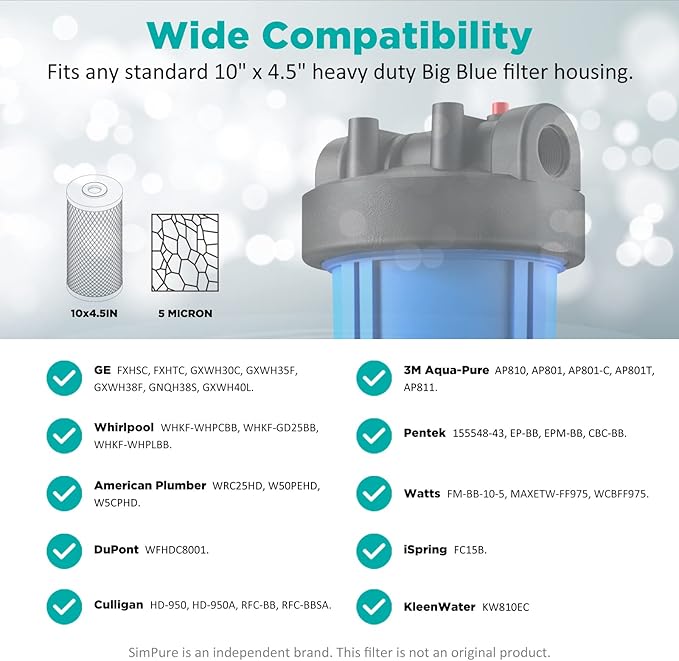 SimPure Whole House Water Filter Cartridges 5 Micron 10" x 4.5" CTO Activated Carbon Block, For DB10P, DB10C-2, GE GXWH40L, GXWH35F, BB10, FXHTC, FC15B, 6 Pack