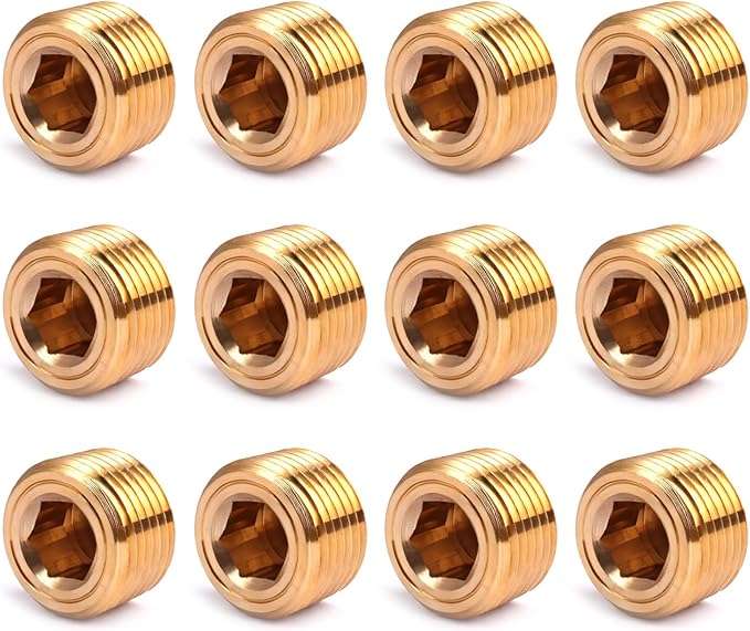 12PCS Brass Pipe Plug Fitting 3/8" NPT Male Plug Hex Counter Sunk Plugs,Internal Hex Thread Socket Pipe Plugs Kit