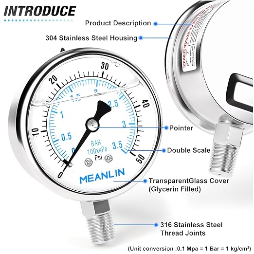 MEANLIN MEASURE 0~50Psi Liquid Filled Pressure Gauge Stainless Steel with 316 Stainless Steel Joint 1/4" NPT 2.5" FACE DIAL for Pool Sand Filter Water Oil Air Pressure Test Lower Mount