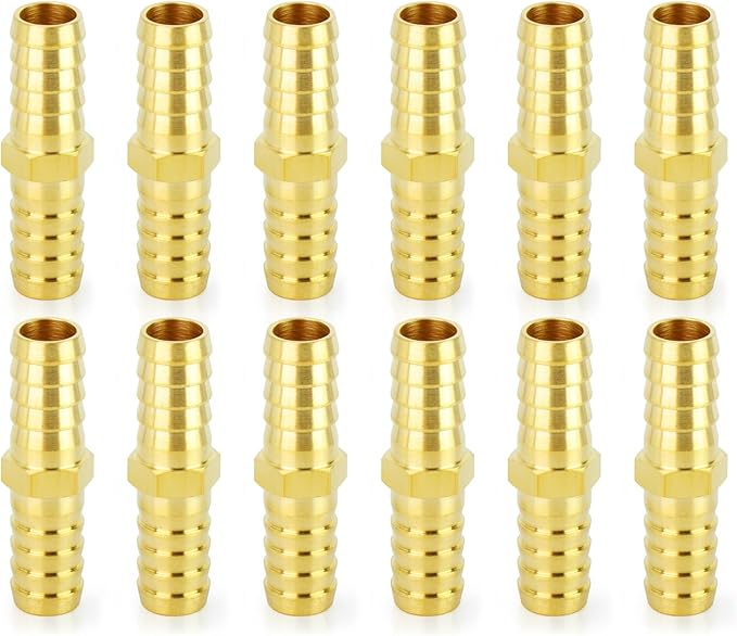 ChillWaves Brass Hose Barb Fittings, Splicer Mender Union 1/4" Barb x 1/4" Barb Hose Repair Kit For Water/Fuel/Air(12-PACK)
