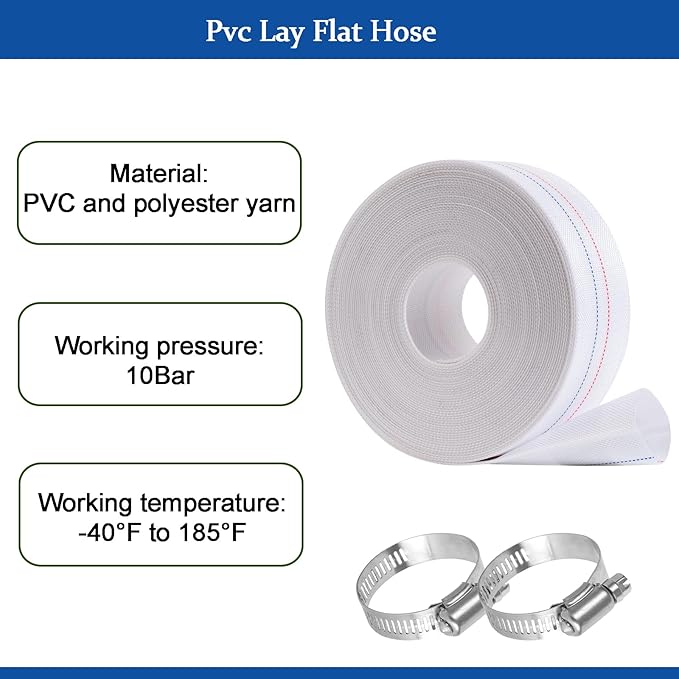 Eastrans 2INx100FT Pool Backwash Hose,Extra Heavy Duty Discharge Lay Flat Hose for Swimming Pool, Drain Hoses with Clamp,10 Bar Working Pressure,High pressure resistance,Ultra Strong Wear Resistance