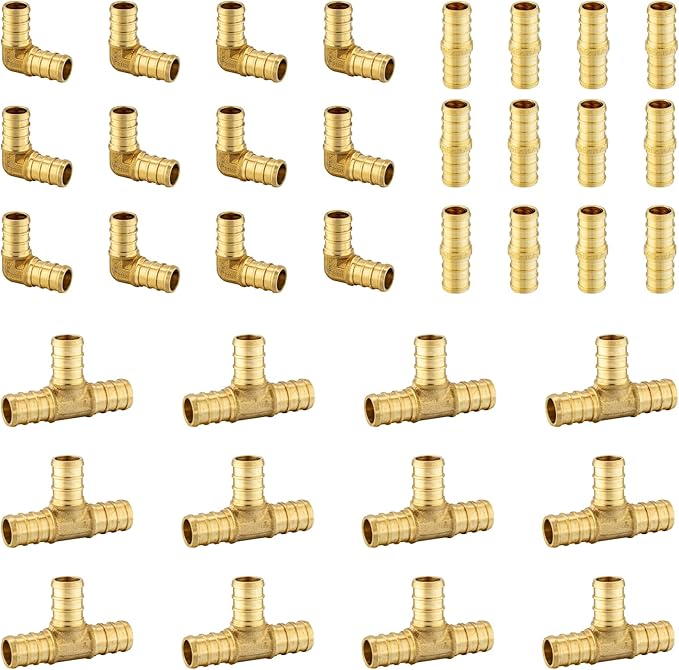 36 Pack Foskan 3/4 Inch PEX Brass Fittings Set, 12 PCS Each,Includes Elbows Tees Straight Couplings, PEX Crimp Barb Fitting Kit