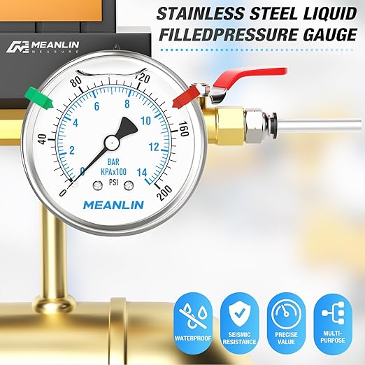 MEANLIN MEASURE 0~200Psi Stainless Steel Liquid Filled Pressure Gauge 2.5" FACE DIAL 1/4" NPT for Air Compressor Air Regulator Water Filter Back Mount with Stainless Steel Hex Bushing and Snaps