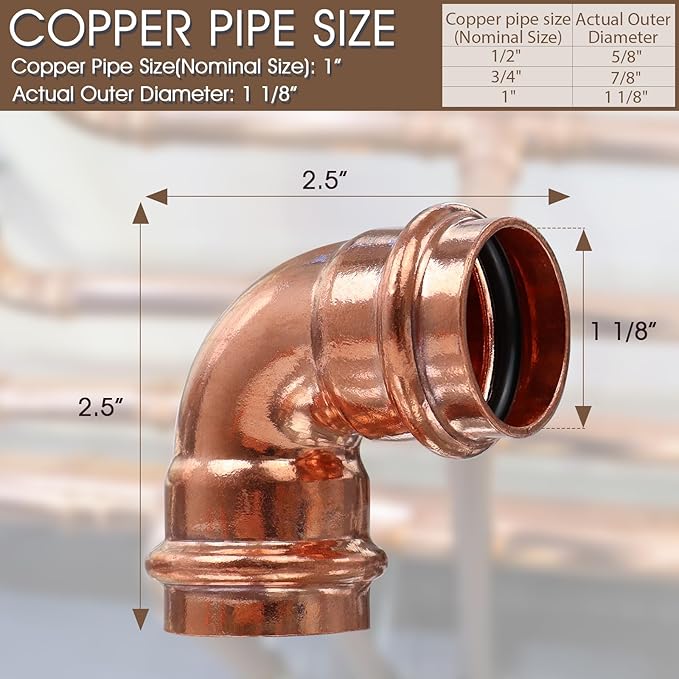 Copper Press Fittings,1 inch Copper Coupling 90 degree Elbow Coupling Zero Lead PxP 1 inch x 1 inch,6PCS 90-Degree Elbow with 1-Inch for Plumbing,OD 1-1/8”,Use with Hydraulic Press Fitting Tool
