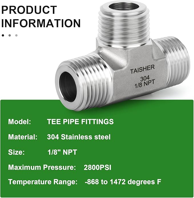 TAISHER 1PCS Forging of 304 Stainless Steel Tee Pipe Fittings, 1/8" x 1/8" x 1/8" NPT Male Pipe Fittings
