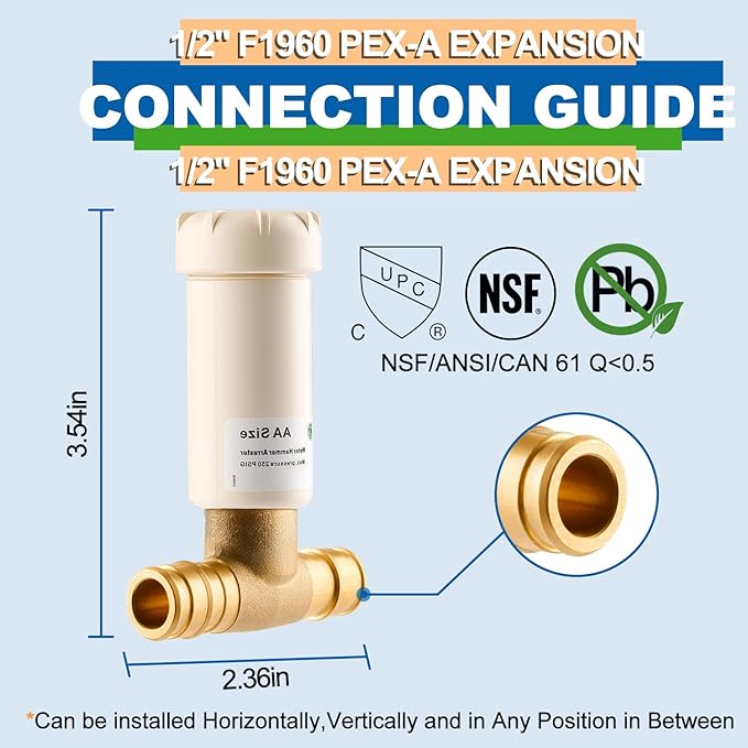 2Pcs Resin Water Hammer Arrestor, 1/2 Inch Pex-A Expansion Tee Hammer Arrestor For Potable Water Plumbing Application, F1960 Tee Connection