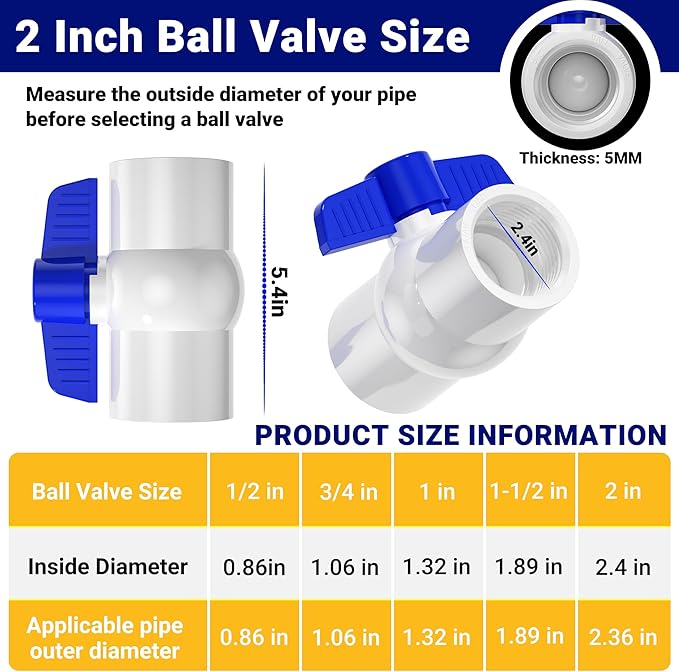 2 Pack 2'' NPT PVC Ball Valves, Blue T Handle with Shut-Off Valve Socket, SCH40 Water Pipe Valve Threaded (NPT) for Water Project, Swimming Pool,Sewage Pump, Outdoor Plumbing & Irrigation System
