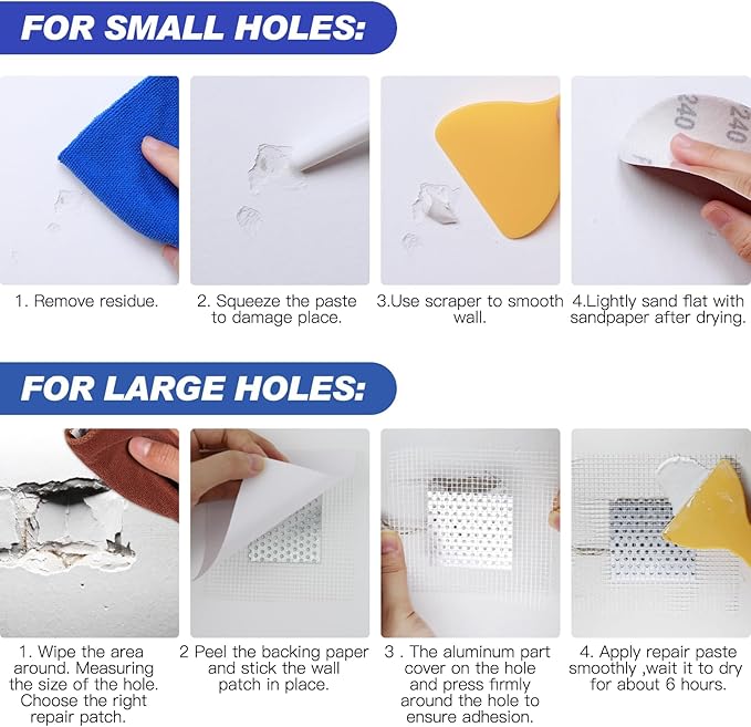 SEISSO Drywall Repair Kit, Wall Mending Agent*3(100g), Wall Patch*4, Scraper and Sandpaper*2, Wall Repair Paste Kit for Wall Cracks, Graffiti, Whitewall Hole Filler and Plaster Dent Repair