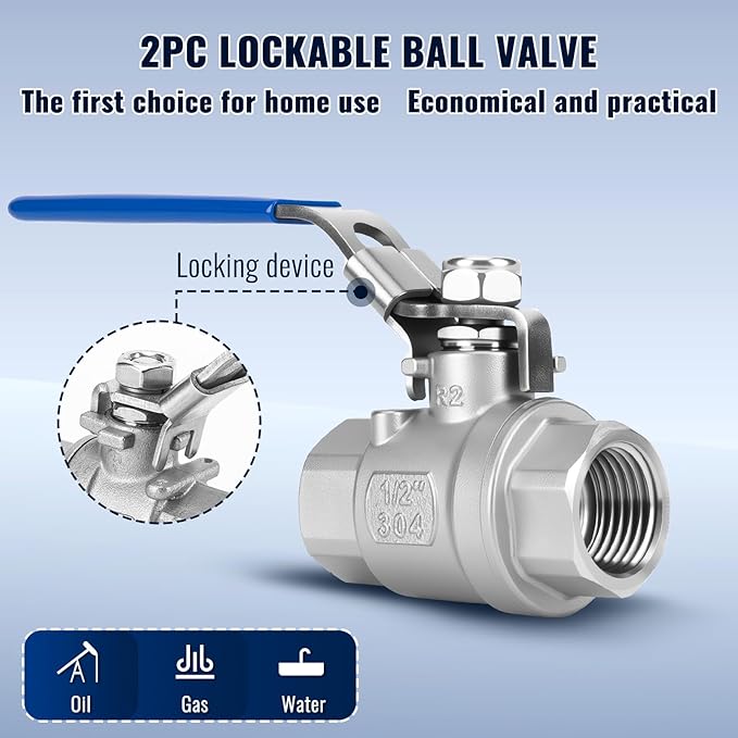 2 Pack 1/2'' Ball Valves NPT Female Stainless Steel 304 Full Port 1/2 Inch Ball Valve with Locking Handle, Heavy Duty Shut Off Valve for Home and Industrial(1/2 Inch)