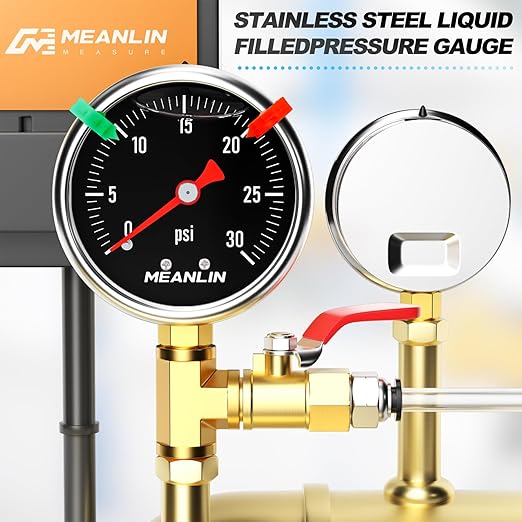 MEANLIN MEASURE 0~30Psi Black Stainless Steel Pressure Gauge, Glycerin Filled 1/8" NPT 1.5" FACE DIAL, Liquid Filled Pressure Gauge WOG Water Oil Air Lower Mount (with 2PCS Snaps)
