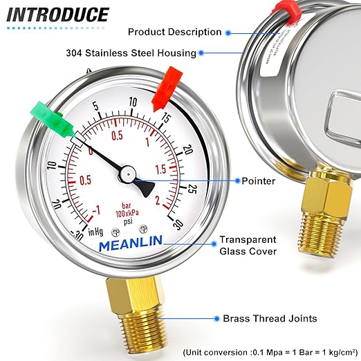 MEANLIN MEASURE -30inHG~30Psi Vacuum Gauge Stainless Steel 1/4" NPT 2" FACE DIAL Waterproof for Air Compressor HVAC Negative Pressure Hand Pump Pool Lower Mount (with 2PCS Snaps)