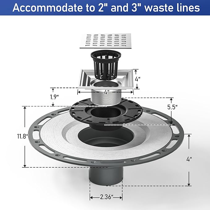Square Shower Drain, 4" Brushed 304 Stainless Steel Drain Grate Removable Drain Key with PVC Bonding Flange Base for Low Profile Shower Floor Tiles, CUPC Certified