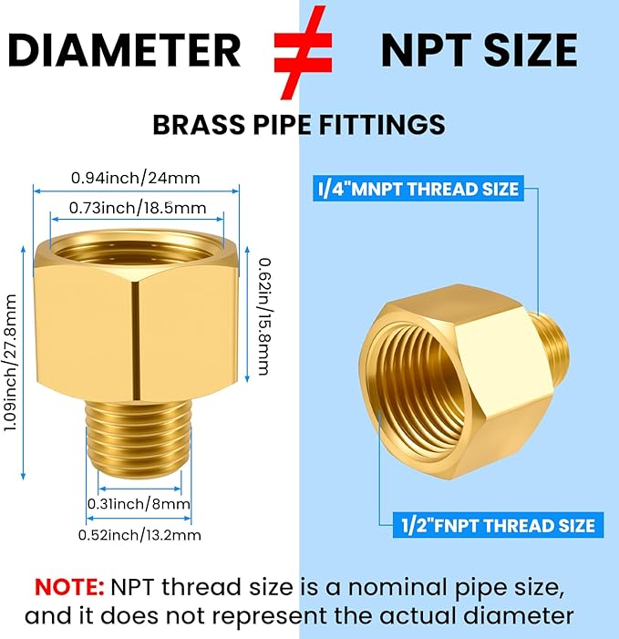 SDTC Tech 2-Pack Brass Pipe Fitting 1/4 NPT Thread Male to 1/2 NPT Thread Female Reducer Adapter, Brass Pipe Extension Connectors