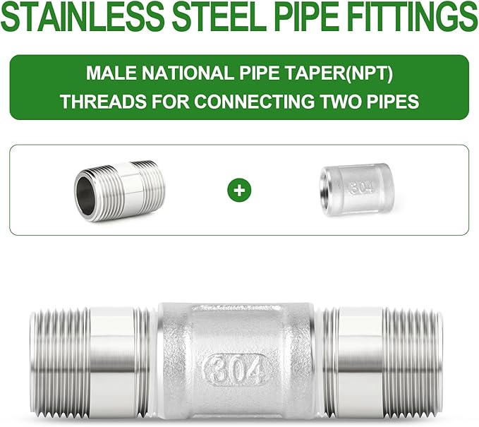 TAISHER 2PCS Stainless Steel Pipe Fittings, 1" NPT Male x 1" NPT Male Threaded, 2" Length Thickened Nipple Cast Pipe