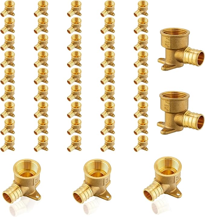 (50-Pack) PEX Fittings, Pex 3/4"x3/4" Female Threaded NPT Drop Ear Elbow Adapter, Brass Crimp Fittings, for PEX Tubing Pipe Plumbing, ASTM F1807(PEX1807169-50Pack)