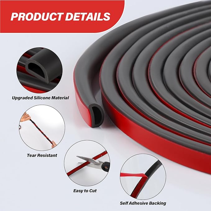 Silicone D Shape Weather Stripping Rubber Seal, 40FT Self Adhesive Weather Stripping for Boat, Auto, RV, Marine, Garage Doors/Window, W:3/4 in; H:3/8 in; 40Feet
