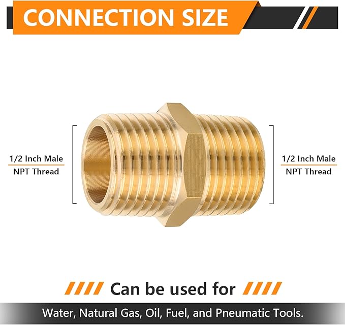40-PCs HeSun Brass Hex Nipple Pipe Fitting, 1/2" NPT Male x 1/2" NPT Male Nipple Pipe Adapter(NPT013-40)