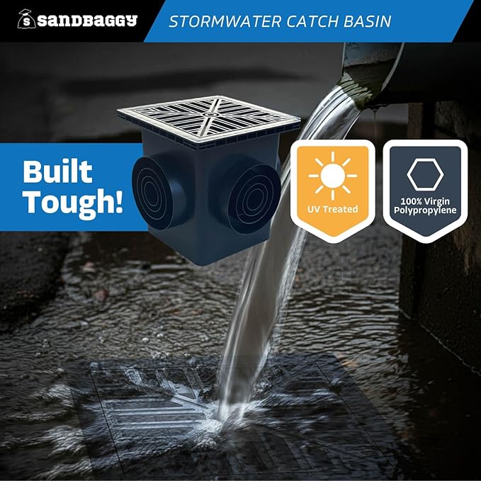 Sandbaggy 12" x 12" Stormwater Catch Basin - 4 Outlets - UV Treated with Debris Basket - Residential, Yard, Lawn, French Drains (12" x 12", 10, Count)