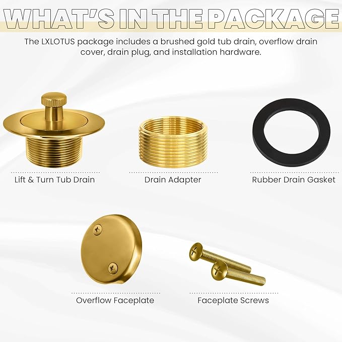 Brushed Gold Bathtub Drain - Lift and Turn - Gold/Brass Tub Drain, Overflow Drain Cover, and Tub Drain Replacement Kit - Solid Brass - Professional Grade - Fits 1-3/8" and 1-1/2"