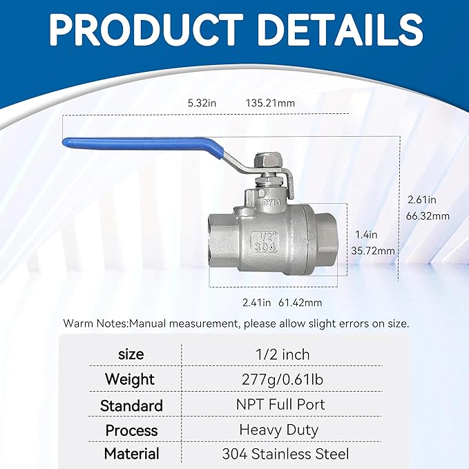 2 Pack Full Port Ball Valve 1/2 NPT 304 Stainless Steel 2 - chip ball valve Female Heavy Duty WOG1000 for Water，Oil，Gas with Locking Devic (1/2”, 2)