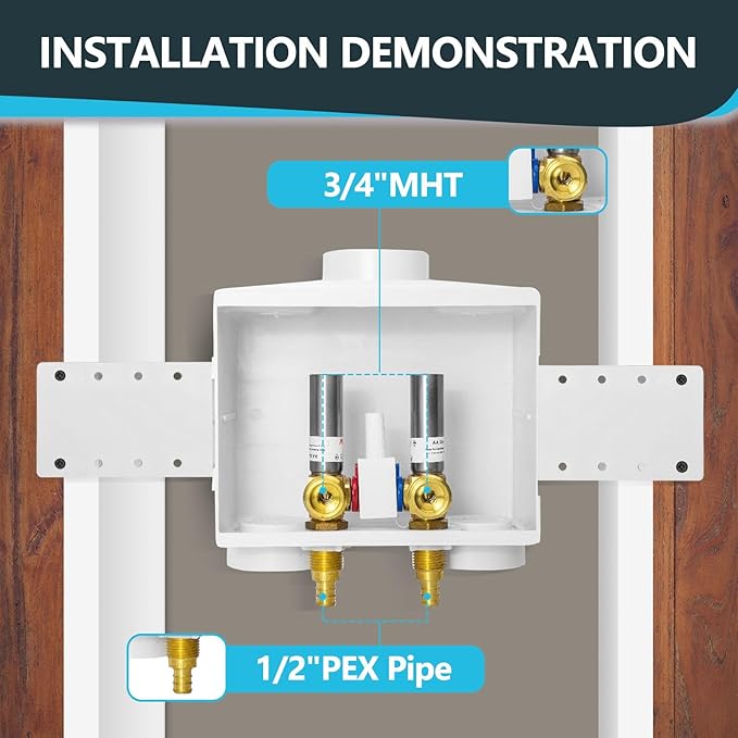 Washing Machine Outlet Box, Double Drains, Single Lever, 1/2 Inch Pex Crimp Inlet x 3/4 Inch MHT Outlet Connection, with Stainless Steel Water Hammer Arrestor (Pack of 50)(WM017-50Pack)