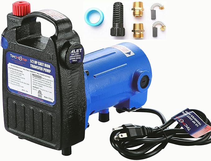 1/2 HP Cast Iron Transfer Pump, 120V 1560GPH Water Pump, High Pressure Transfer Pump with Suction Strainer and Brass Connectors.