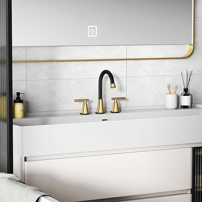 Bathroom Faucets for Sink 3 Hole, Hurran Black& Gold Bathroom Sink Faucet with Pop-up Drain and Supply Lines, Stainless Steel Lead-Free Widespread Faucet for Vanity RV, 2 Pack