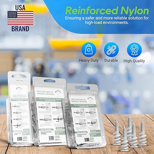 Reinforced Nylon 66 Drywall Anchors 90lb Limit, Self Drilling, Home Improvement Value Pack for Home Projects & Picture Hanging Kit, 25 Plastic Dry Wall Expansion Anchors and 25 Sheetrock Screws