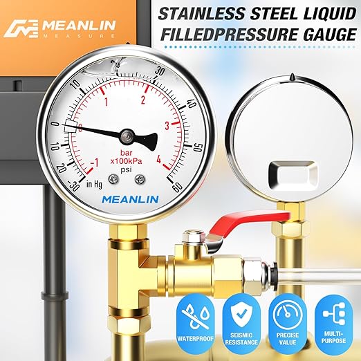 MEANLIN MEASURE -30inHG~60Psi Stainless Steel 1/4" NPT 2.5" FACE DIAL Vacuum Pressure Gauge, Lower Mount, with 1/2" NPT and 3/8" NPT Hex Bushing