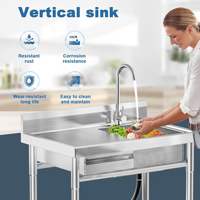 Stainless Steel Utility Sink Freestanding Single Bowl Laundry Sink with Hot and Cold Water Plumbing Workbench Drawers for Laundry Room Farmhouse Indoor and Outdoor Sink