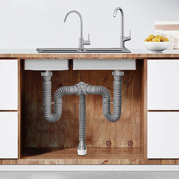 Double Sink Drain Kit, Flexible Sink Drain Pipe 1-1/2 & 1-1/4 P Trap Fits Sink Bowl Drain, Expandable Plumbing Kit for Kitchen, Bathroom, Gray