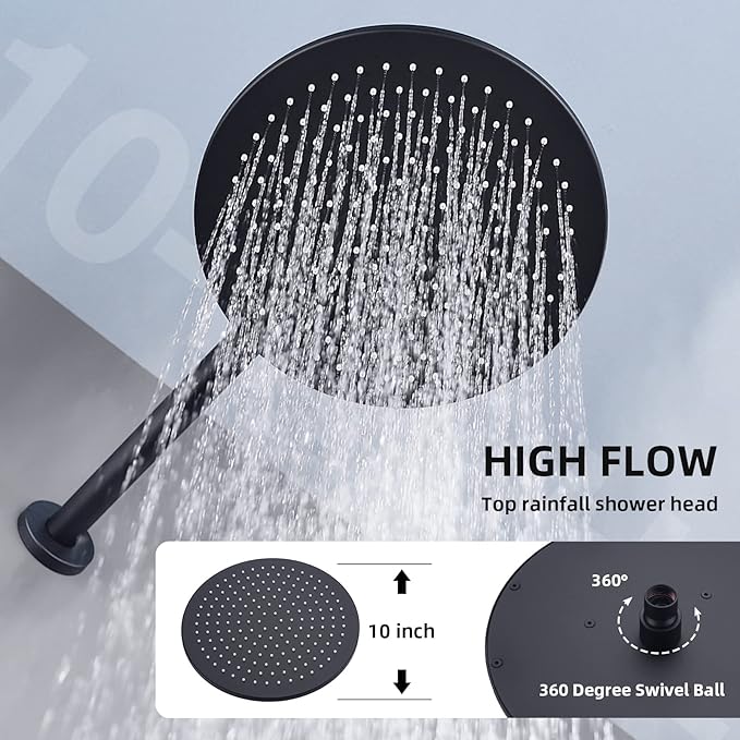 TRUSTMI 10 Inch Matte Black Shower System Push Button Diverter Wall Mounted Round Rainfall and Handheld Shower Trim Kit with Valve (Pressure Balance)