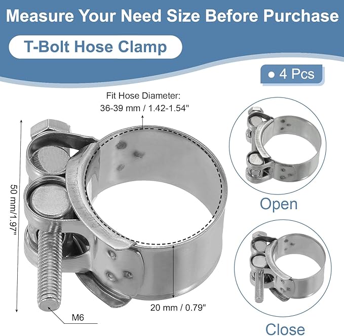 PATIKIL 36-39mm T-Bolt Hose Clamp, 4 Pack Intercooler Pipe Tube Clamps 304 Stainless Steel Radiator Hose Clamp for 1.42"-1.54" Pipe
