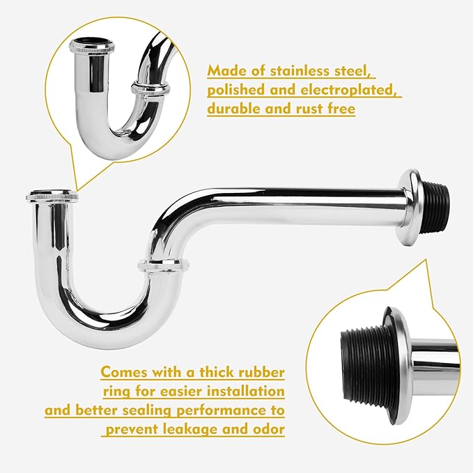 Stainless Steel P-Trap - 1 1/4 Inch Bathroom Basin Sink Waste Trap with Reducing Washer, Chrome Finish, Silver