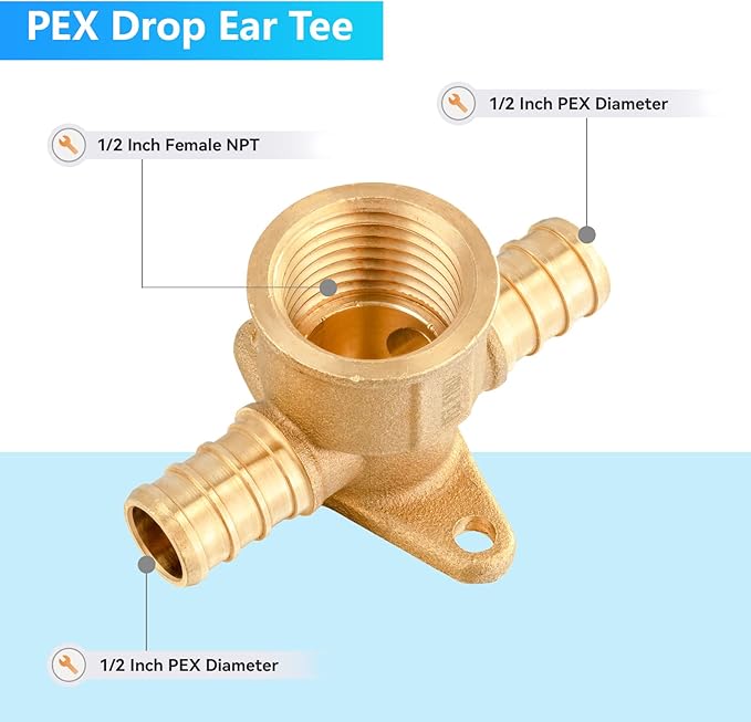 PEX Fittings, 1/2 Inch Female NPT Pex Drop Ear Tee, Brass Fittings for Pex Pipe Connect