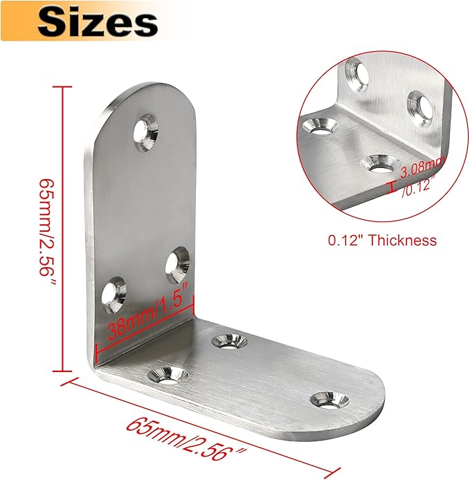 Alise 4Pcs Stainless Steel L Brackets for Shelves, Small Floating Shelf Brackets, 90 Degree Right Angle Bracket, Heavy Duty Metal L Bracket Corner Brackets for Wood Furniture (Brushed, 2.56X2.56 in)