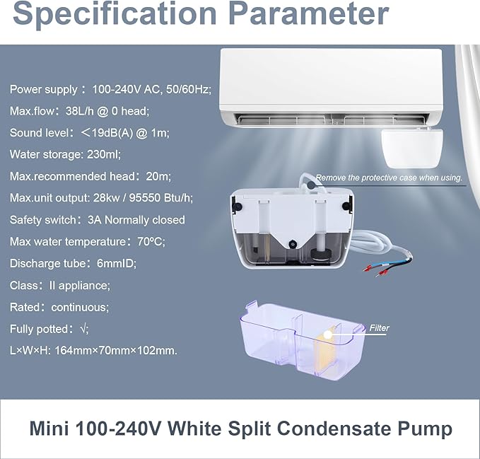 Mini Split Condensate Pump, AC Hvac Silent Condensate Pump, 100-240V, 50/60Hz, Ultra-Quiet (< 19dB), Anti-Siphon Device, Suitable for HVAC, Air Conditioners, Dehumidifiers, etc.