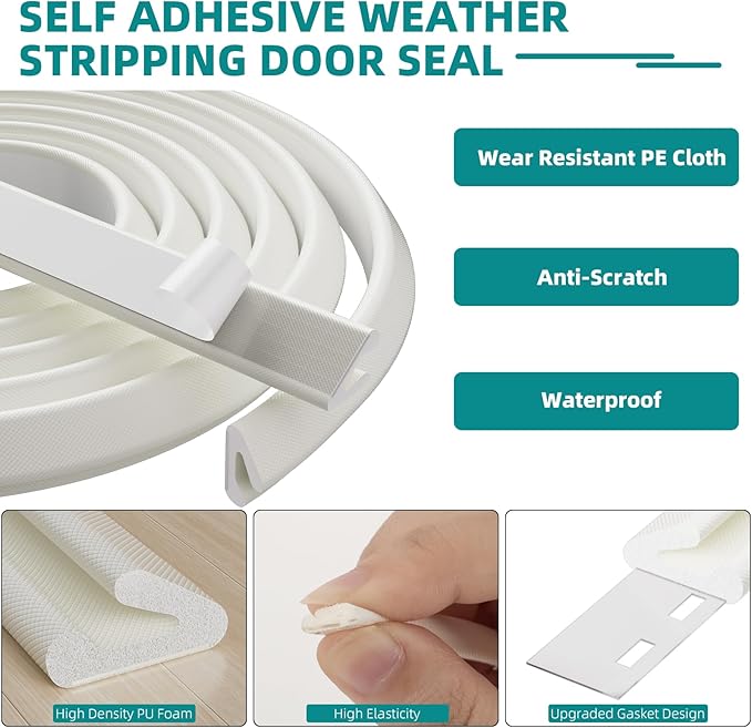 19.7 Ft V-Shape Weather Stripping Door Seal Strip,Self Adhesive Foam Door Insulation Weatherstripping for Doors Frame,Window Insulation for Winter,Door Soundproof Gap Filler Sealing Strip,White