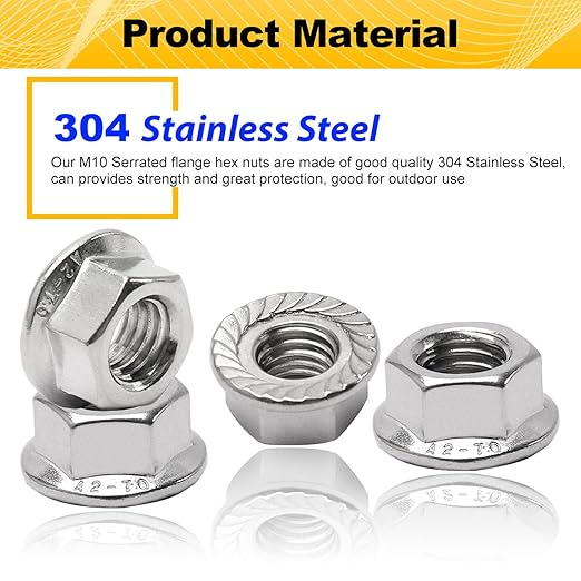 M10 Serrated Flange Hex Nuts, M10-1.5mm Hexagon Flange Nuts, 304 Stainless Steel, Metric, Heavy Duty Replacement Nut with Plastic Case, 16 Pack
