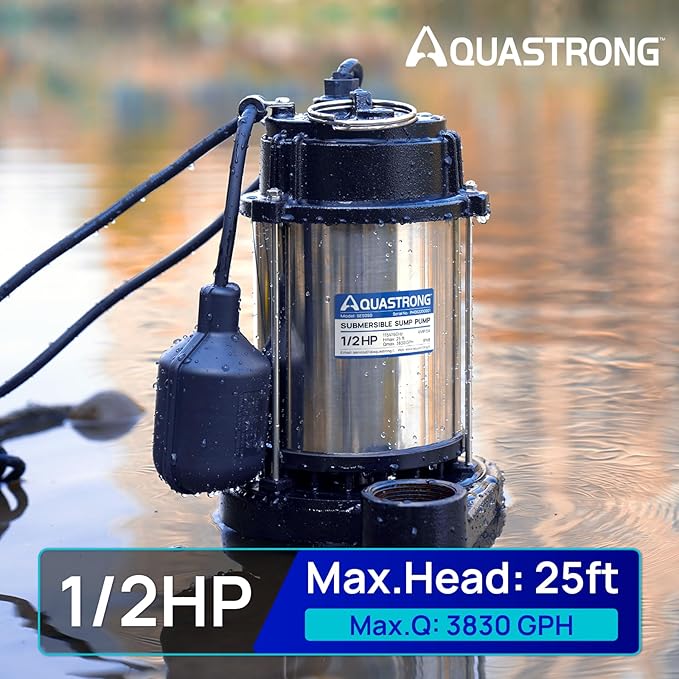 AQUASTRONG 1/2 HP Sump Pump Submersible, 3830 GPH Stainless Steel and Cast Iron Sump Pump, Automatic Float Switch with Piggy-back Plug,1-1/2" NPT Discharge Subpumps for Basement and Flooding Area