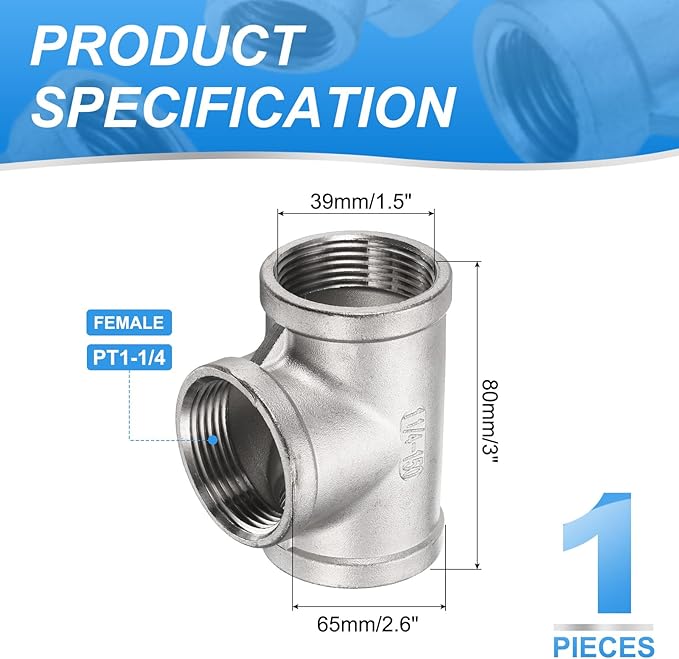 uxcell 304 Stainless Steel Tee Pipe Fittings G1-1/4" Female Tee Adapter 3 Way t Shaped Cast Pipe Fitting Connector with Seal Tape for Plumbing Drainage Pipes Heating Systems