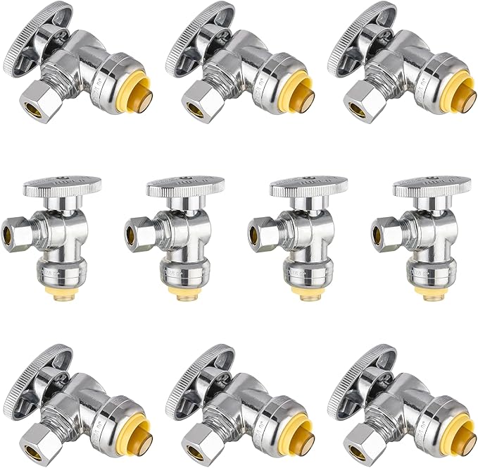 10-Pack Foskan Push Fit Angle Stop Valve,1/4 Turn Shut off Valve 1/2" Push Fit x 3/8" OD,Chrome Plated Brass