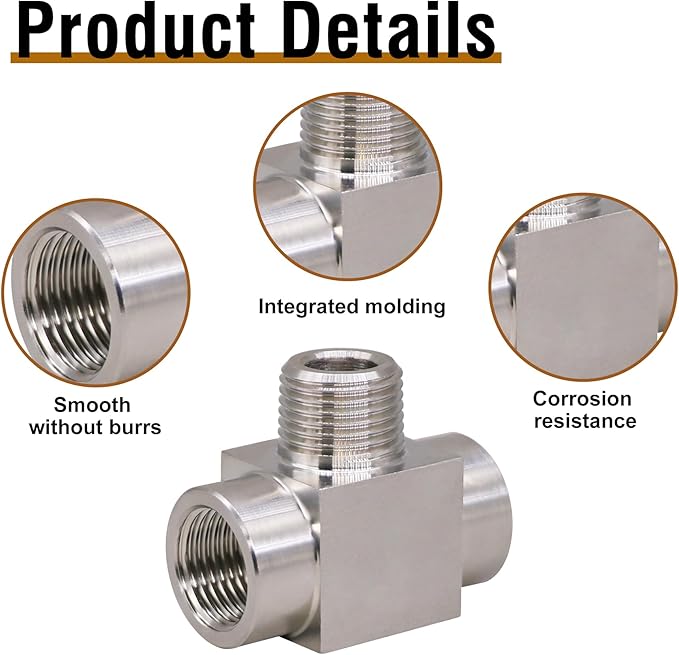 tee pipe fitting NPT 1/2 female x male x female thread 3 way t adapter, stainless steel 304 hose fitting tee t shape pipe connector for fuel system and air supply line, heavy duty 4350 psi