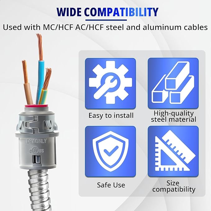 MAKERELE 3/8" Snap-In Metal-Clad Cable Connector, Zinc Electrical Conduit Fitting for Steel and Aluminum MC/AC Cable (5 pack)