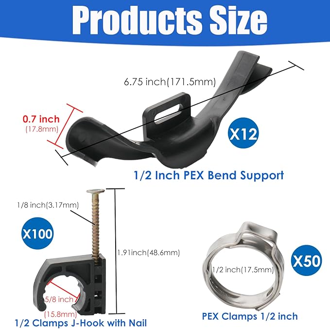 WHK 162 PACKS 1/2 Inch PEX Pipe Bend Support Bracket 1/2" Inch Pex Clamps Half Clamps J clips for PEX pipe Tubing Fix,Crimp,Supporting and Lock Mount.